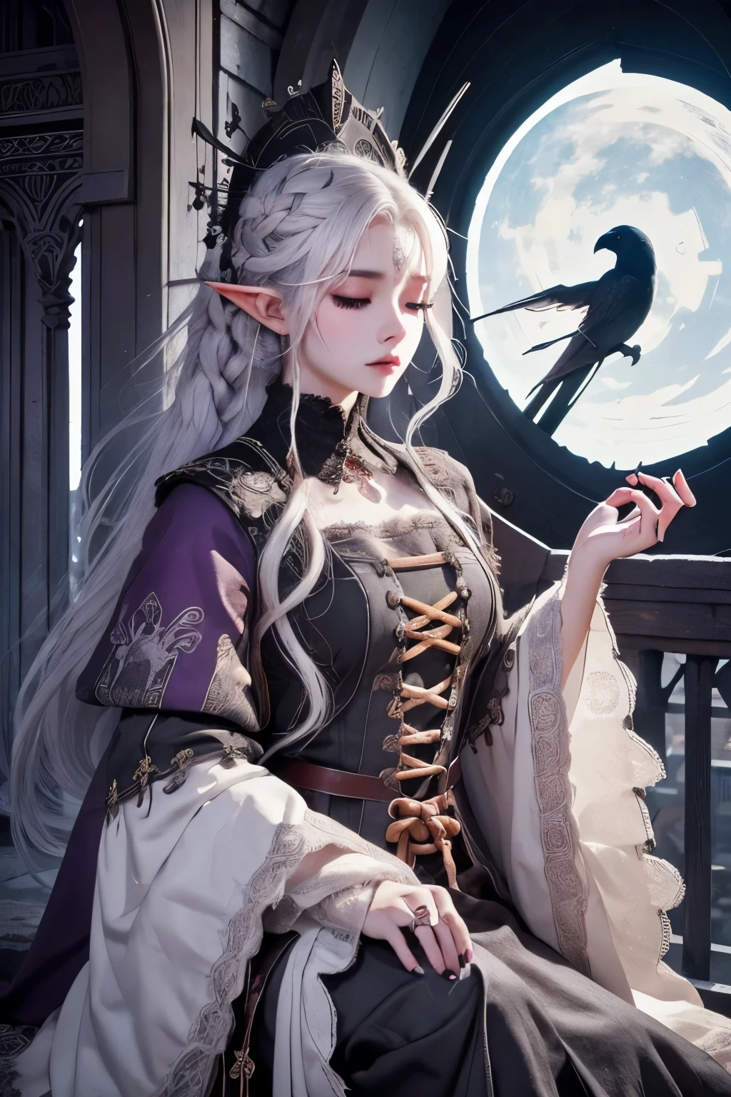 (Ultra-detailed face, Looking away, Gothic Illustration. Dark tone colors.), BREAK
(The black moon rises in the bitterly cold winter sky. A medieval German monastery clock tower style building. The monastery is ravaged, burnt and crumbling from centuries of warfare. A viewpoint from above the spire looking down on the war-torn medieval cityscape. Black smoke is rising from everywhere and billowing in the wind.), BREAK
(A female dark elf artificer looks down on the city from beside a bell larger than a man's back on the roof of the clock tower's steeple. She is holding a large, white, fluffy stuffed white snake.), BREAK
(She has white hair and eyebrows, very long messy hair that flutters in the strong wind, lavender eyes, small pink lips, dark purple skin, and dark, thick eyeliner. Half-closing her eyes, she chants a silent prayer of celebration.), BREAK
(She has a tropical, extremely colorful parrot tail feather in her hair. She wears a bandage around her neck and a scarred and torn gray cape dress with silver lace on the sleeves and collar. Around her waist she wears several layers of tattered bandages and a dagger decorated with archaic relief. They have bandages that have come undone from the knees down, and they are wearing braided sandals with damaged black laces.)