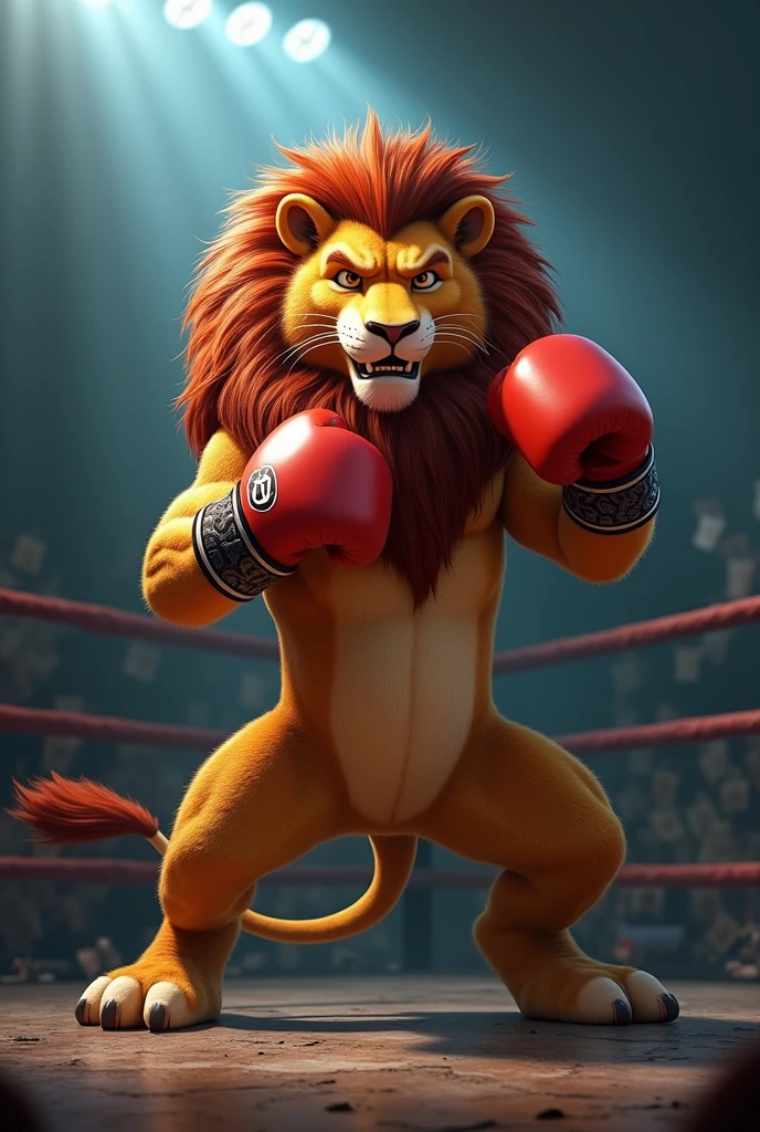 Detailed picture of a confident male anthro, (lion, lean body) in a boxing ring, trending on Art Station, Ross Tran, ruan jia, foxovh, ((determined expression, gritting teeth, wearing blue shorts, ((blue boxing gloves,)) (((dynamic lighting,)))