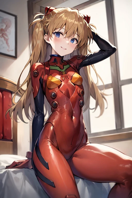 (( top quality )), ((masterpiece)), (be familiar with), perfect face, indoor, bedroom,  Watching Viewers ,
One woman,  Soryu Asuka Langley ,
開いた口,  ecstatic expression beside the piano, blush, smile,
 small tits,  flat chest, Young girl, Lori,  s,  girl,
 long hair,  twin tails,
Leg spread,