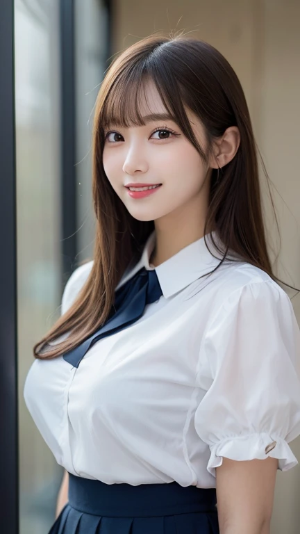 office lady, Unbuttoned shirt, Highest quality, Very detailed, finely, High resolution, 8k wallpaper, Perfect dynamic composition, finelyて美しい目, Natural Lip, (Big Breasts:1.4), Cleavage, smile, ponytail