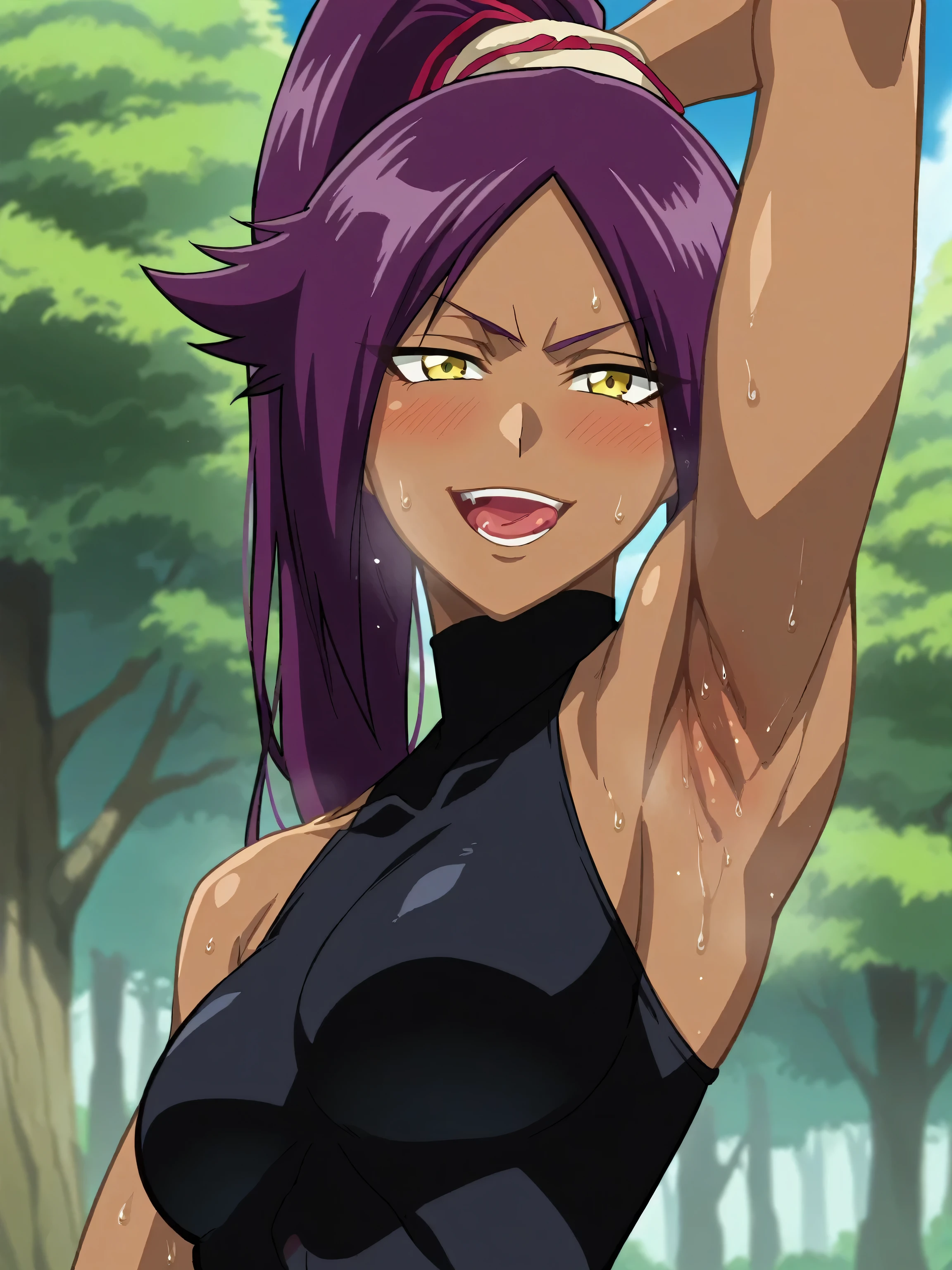 score_9, score_8_up, score_7_up, source_anime, anime screencap, 1girl, solo, yoruichi shihouin, long hair, yellow eyes, ponytail, purple hair, dark skin, dark-skinned female, bodysuit, black bodysuit, bare arms, bare shoulders, arm up, raised arm, armpit, looking at viewer, head towards viewer, badhandv4, from side, from below, smile, open mouth, tongue out, pinning down viewer, outdoors, day, forest, blush, half-closed eyes, sweaty