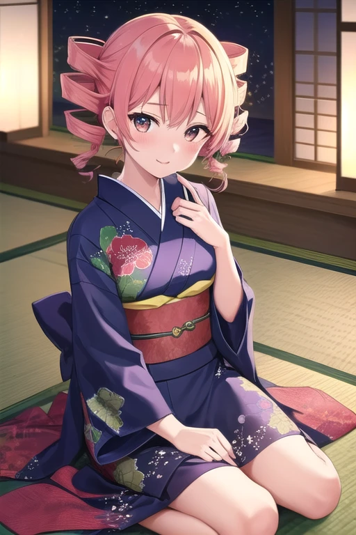 ((best quality)), ((masterpiece)), (detailed),1girl。 kasane teto。 twin drill。Festive attire。kimono。New Year decorations。Kagami mochi。tatami。sitting sideways。