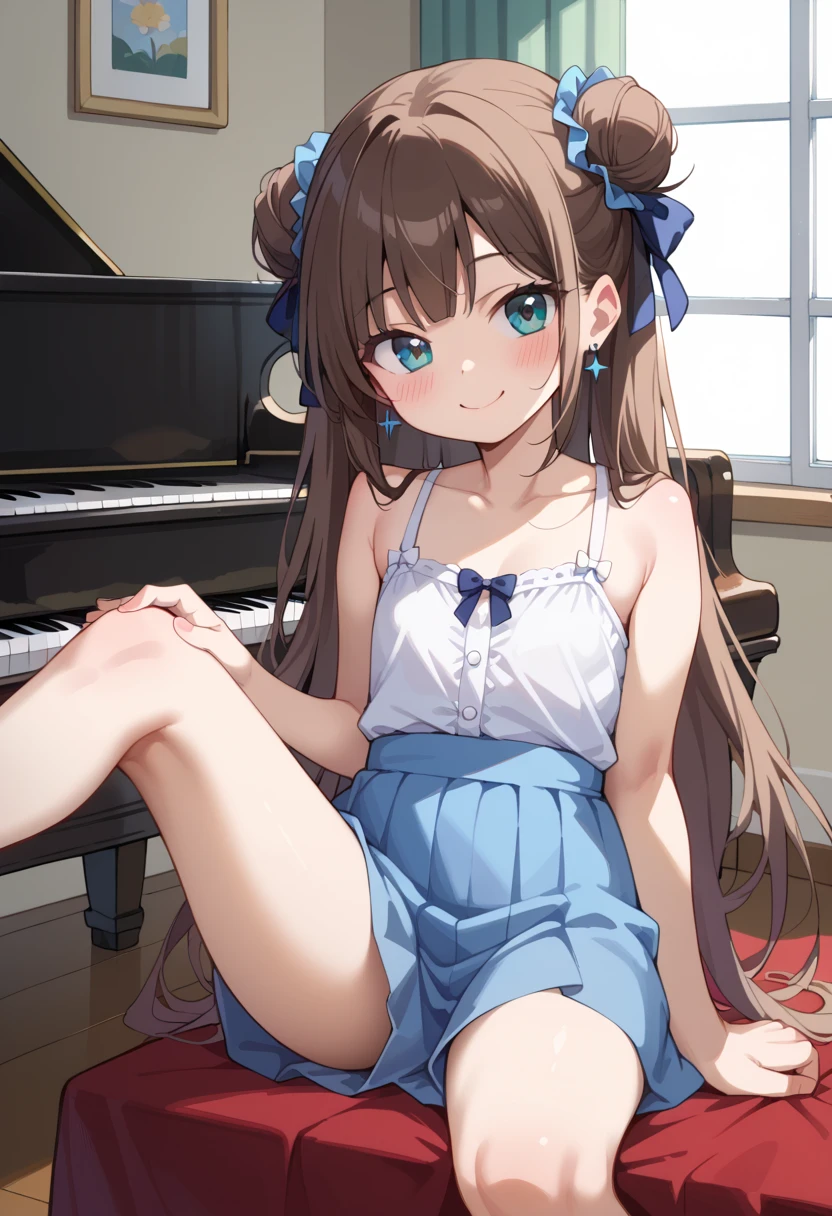 (( top quality )), ((masterpiece)), (be familiar with), perfect face, indoor, bedroom,  Watching Viewers ,
One woman, I was,
開いた口,  ecstatic expression beside the piano, blush, smile,
 small tits,  flat chest, Young girl, Lori,  s,  girl,
 long hair,  twin bun hair ,
Leg spread,