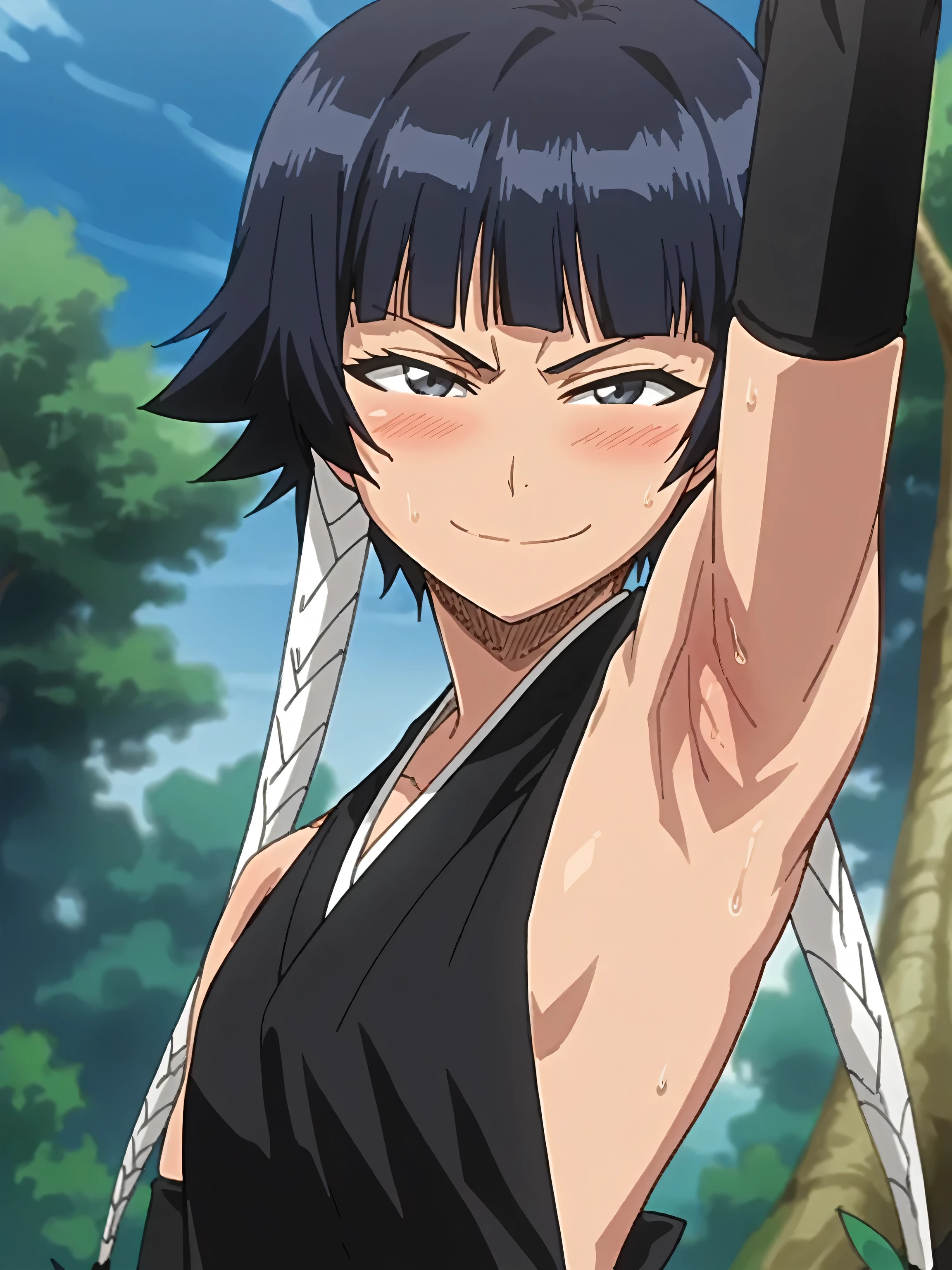 score_9, score_8_up, score_7_up, source_anime, anime screencap, 1girl, solo, sui-feng, grey eyes, sleeveless black kimono, detached sleeves, white sash, arm up, raised arm, armpit, looking at viewer, head towards viewer, badhandv4, from side, smile, closed mouth, smug, pinning down viewer, outdoors, day, forest, blush, sweaty