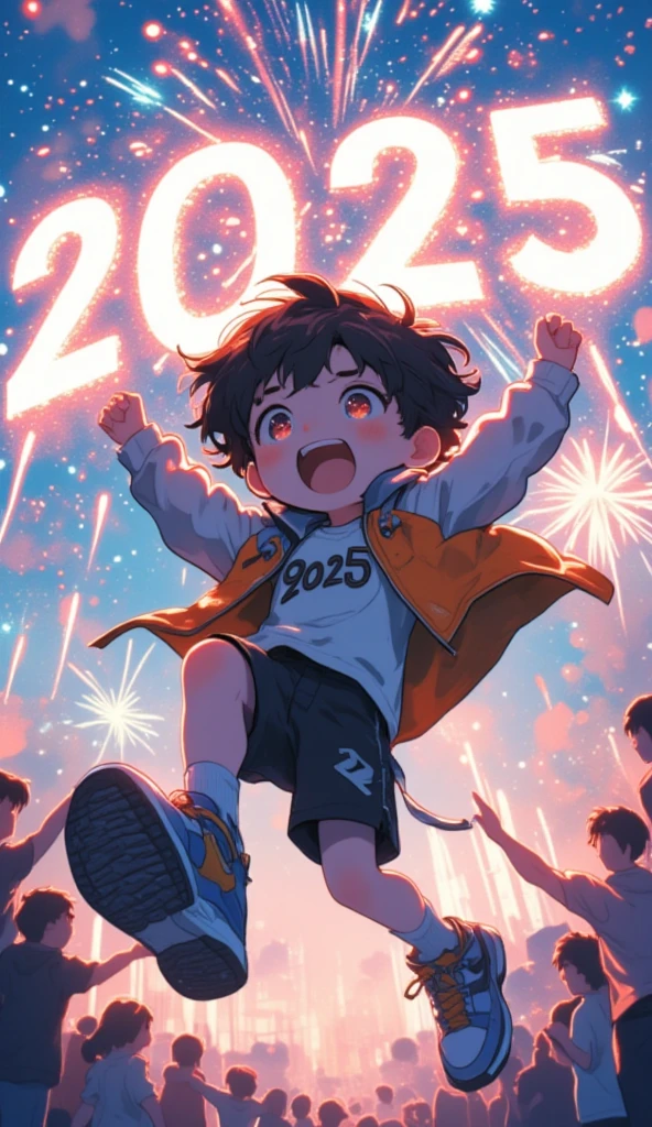 a chibi boy, big sneakers, excited, sporty jacket, jumps up, fireworks, crowd looking at boy, huge "2025" written in fireworks, "2025" written on t-shirt, low angle