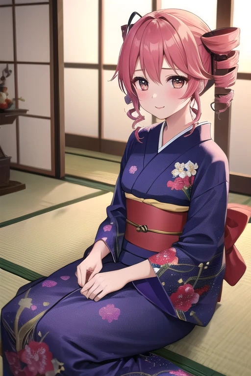 ((best quality)), ((masterpiece)), (detailed),1girl。 kasane teto。 twin drill。Festive attire。kimono。New Year decorations。Kagami mochi。tatami。sitting sideways。