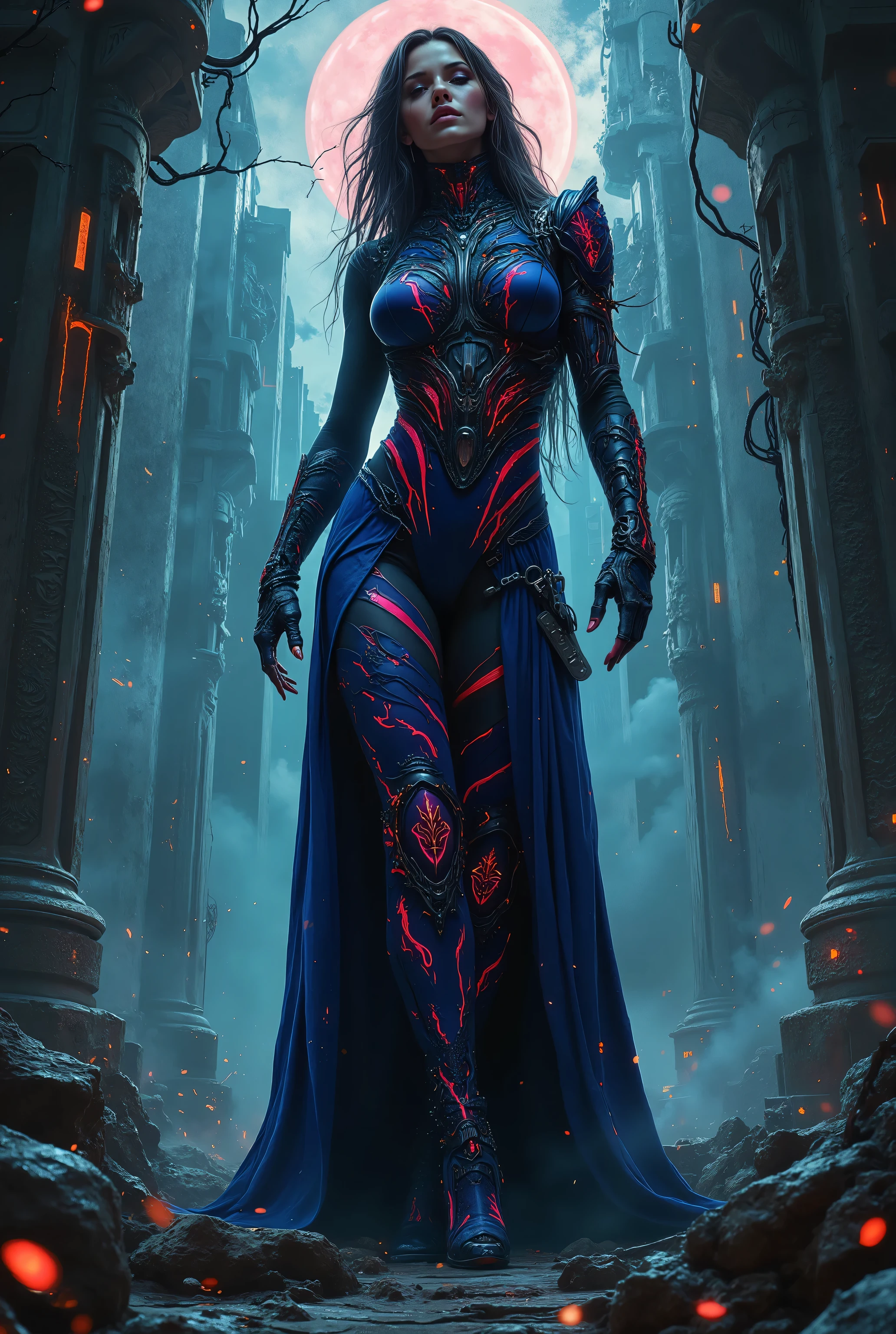 Arafed woman in a blue dress standing in a dark castle - SeaArt AI