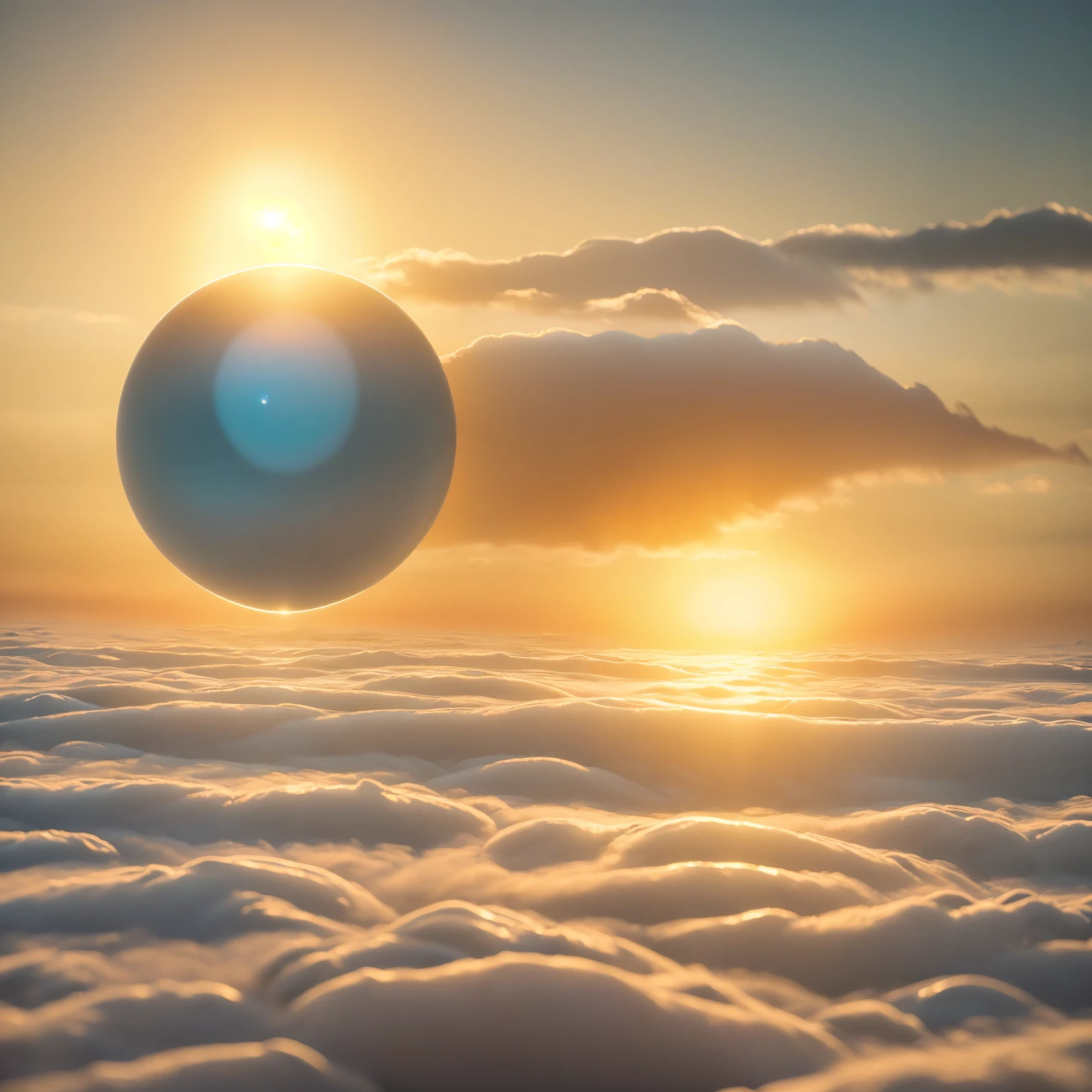 8K quality,(masterpiece:1.3), top quality , detailed images,unmanned, Above the Clouds(small sphere(A planet made of one water is floating)),(universe, golden gradation,Sunset gradation).