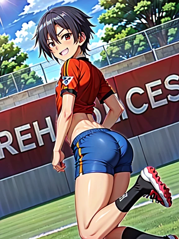 ((( Official Art, ultra thin illustration, high resolution, The pieces fly, 最 High Quality ,最 High Quality ,))) High Quality ,  Details, (Small Man),,(((Alone)))、  young ace striker male idol with a super cute face, Beautiful Boy Like Planing ,  cool handsome face with a smile , Soccer cleats,  long legs ,  thighs, Footz , No bulge , ( black hair、 shorthair )、 shiny hair, ( Tight Shiny Random Color Soccer Uniform Suit), ( Tight and Shiny Soccer Shorts ), ( soccer socks ), lawn area ,  cool pose, (厚い thighs、 seducing a big butt to your crotch )、((( soccer field in the park )))、((Cheeky、))、 smirking 、 spread your legs, ultra-fine painting, (最 High Quality , In 4K, 8k,  high resolution, The pieces fly:1.2), service shot 、(( Detailsな目:1.2))、Showing off her big ass、Proud ass、