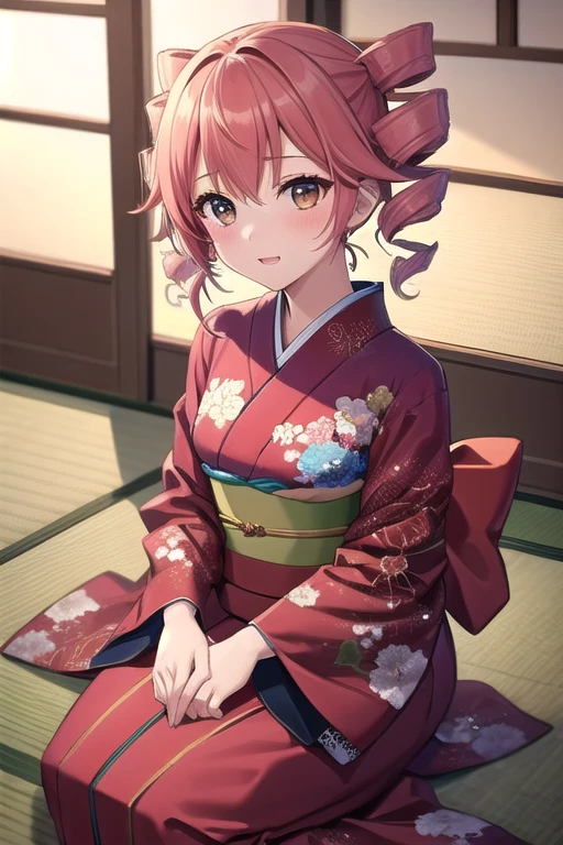 ((best quality)), ((masterpiece)), (detailed),1girl。 kasane teto。 twin drill。Festive attire。kimono。New Year decorations。Kagami mochi。tatami。sitting sideways。