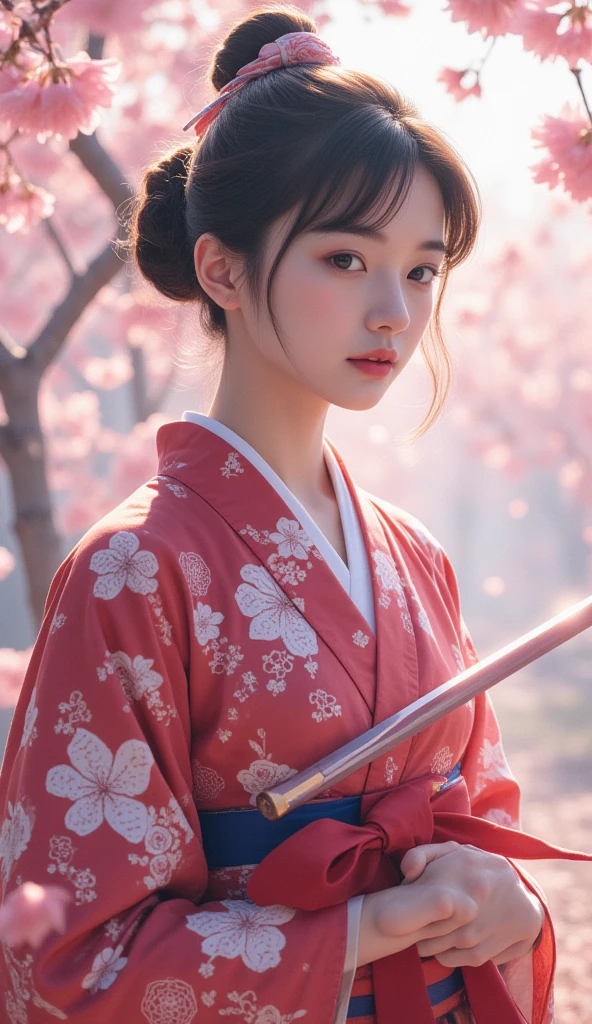 Ultra-realistic depiction。
「 sailor moon」and「samurai」Hybrid。

 sailor moonが着物を着て、 sword in the background。

Cherry blossoms in full bloom in the background。