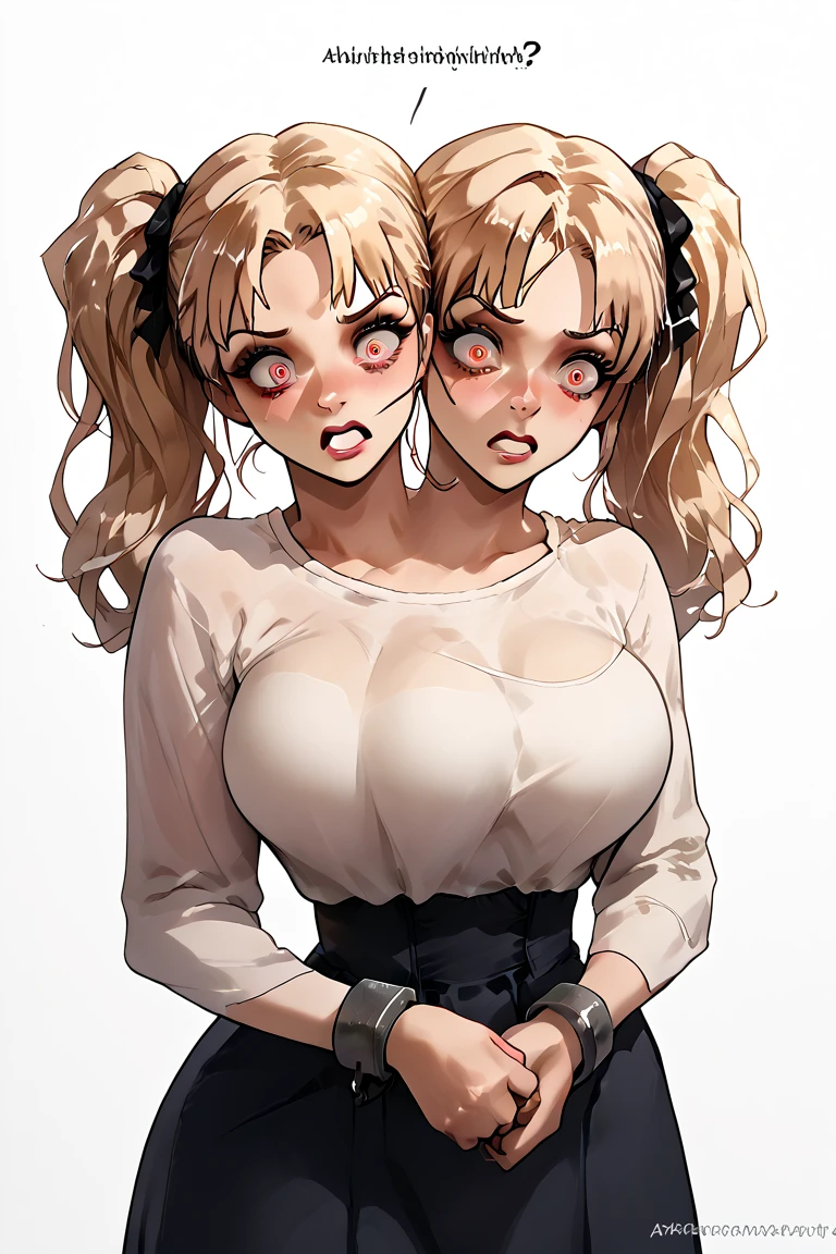 Aliens have surgically combined two beautiful earth girls into a single body with two heads, three breasts, and four arms. She has a surprised look on her face and is very aroused. One head with blonde hair in pigtails, one head with long flowing red hair, four arms, three large breasts, surprised expression, confused expression, embarrassed expression, shackles around ankles and neck, aroused.