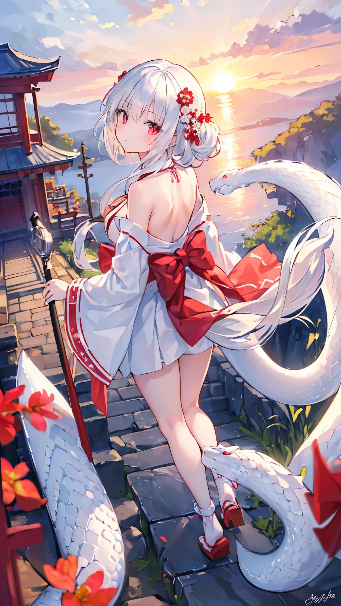 Dragons and Girls,1 girl,umbrella,Keep umbrella,breast,Keep,long hair,barefoot,alone,bare shoulders,white hair,monster,oil-paper umbrella,luminescent,floating,long sleeves,large breast,skirt,looking at the audience,Bangs,wide sleeves,white skirt,
