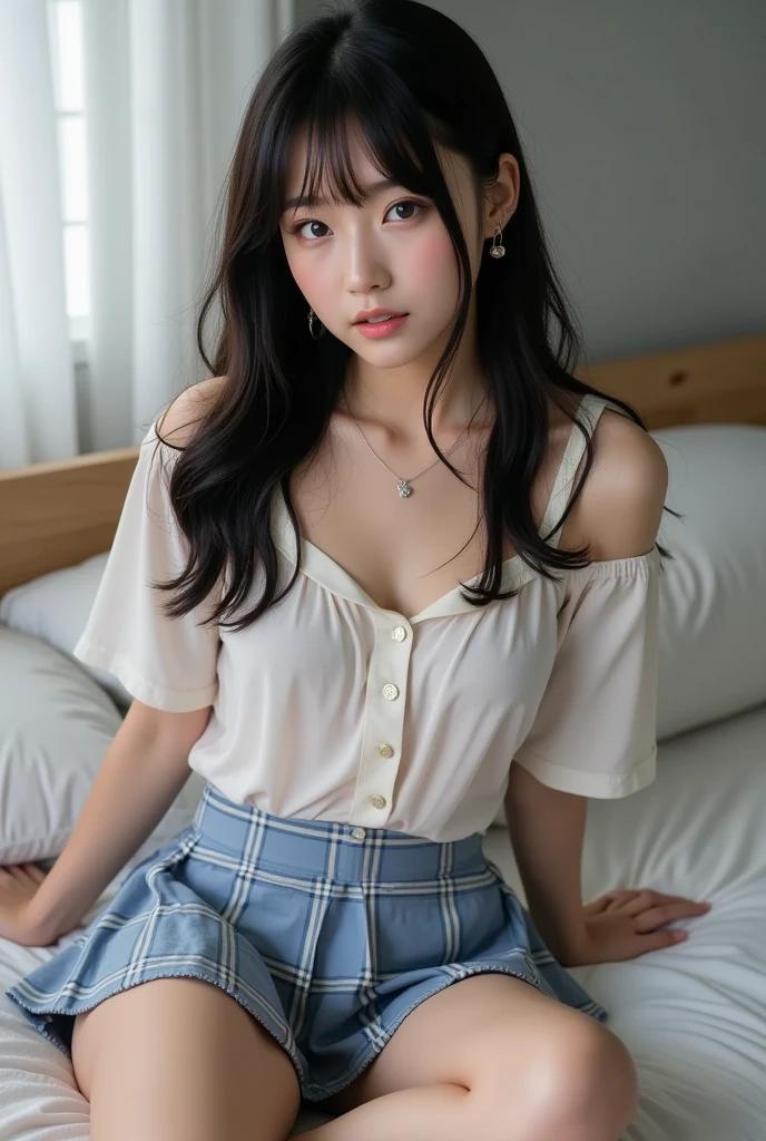 8k masterpiece Japanese Lying on your back Naughty expression Open your mouth Pushed down tears cute Innocent face Innocent and kind eyes Childish Rub your chest with your right hand Touching the groin with the left hand A white shirt with a wide open chest Black and white checked skirt, lying on the futon bright M-shaped legs Spread your legs masturbation behavior rape No bra