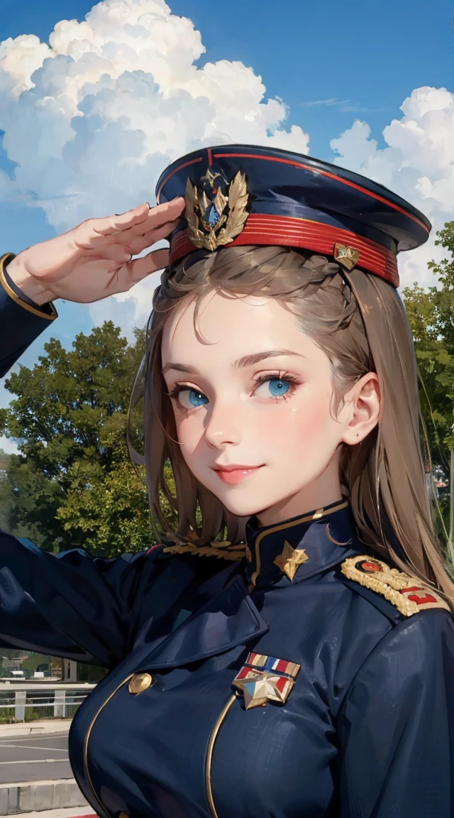 A beautiful girl,A sweet smile,(Face details:1.6),(Red epaulettes:1.6),(Fighting posture:1.3),Wearing a navy uniform,fresh flowers,ports,parks