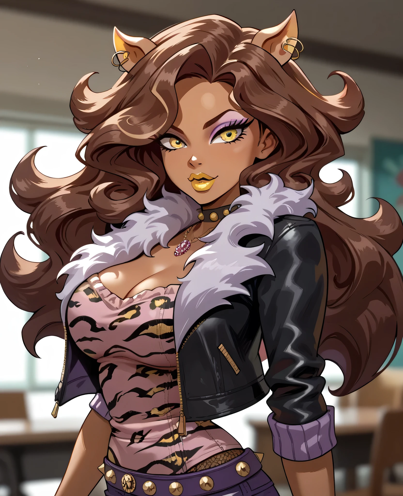 woman, brown hair, brown skin, yellow eyes, big breasts, yellow lipstick, anime style, long hair, leather jacket, looking at viewer, Clawdeen