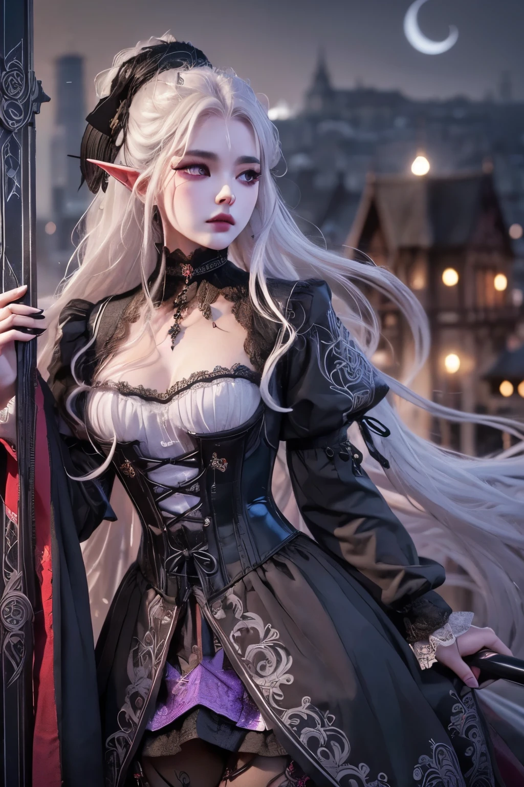 (Ultra-detailed face, Looking away, Gothic Illustration. Dark tone colors.), BREAK (The bitterly cold winter sky with the black moon rising. A black building in the style of a medieval German monastery clock tower. A viewpoint looking down on the medieval town celebrating the New Year from above the spire. Snow falling.), BREAK (A female dark elf artificer looks down on the city from beside a bell larger than a man's back on the roof of the clock tower's steeple. She is holding a large, white, fluffy stuffed white snake.), BREAK (She has white hair and eyebrows, very long messy hair that flutters in the strong wind, lavender eyes, small pink lips, dark purple skin, and dark, thick eyeliner.), BREAK (She wears a black choker, a traditional medieval-style corset and tunic with crimson lace, and a jet-black lace-up dress. A silver dagger is inserted in the sash at her waist. She wears braided sandals with black laces.)