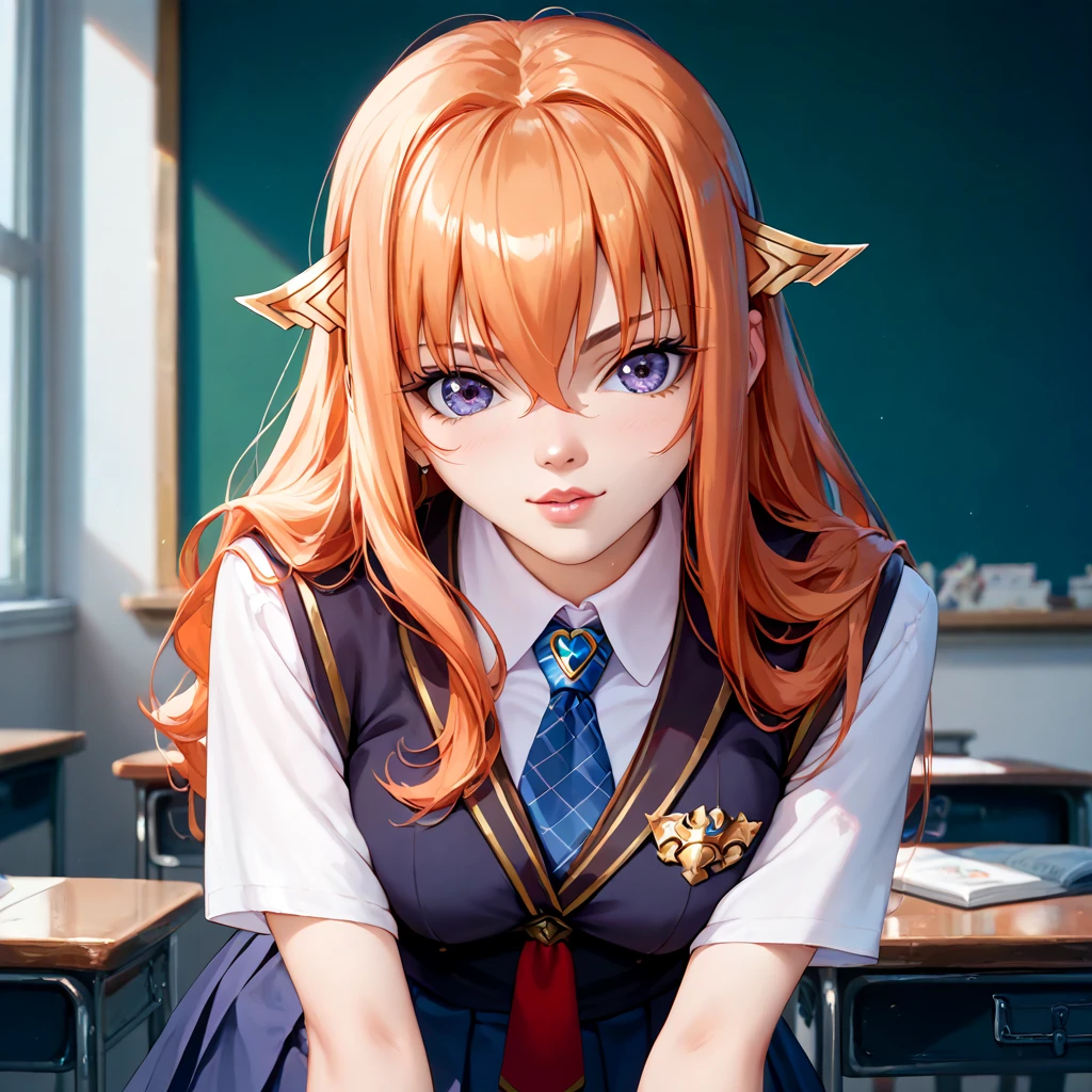 (( top quality )), ((masterpiece)), ( Details), （perfect face）、Orange-haired Maya Cordelia is wearing a schoolgirl uniform