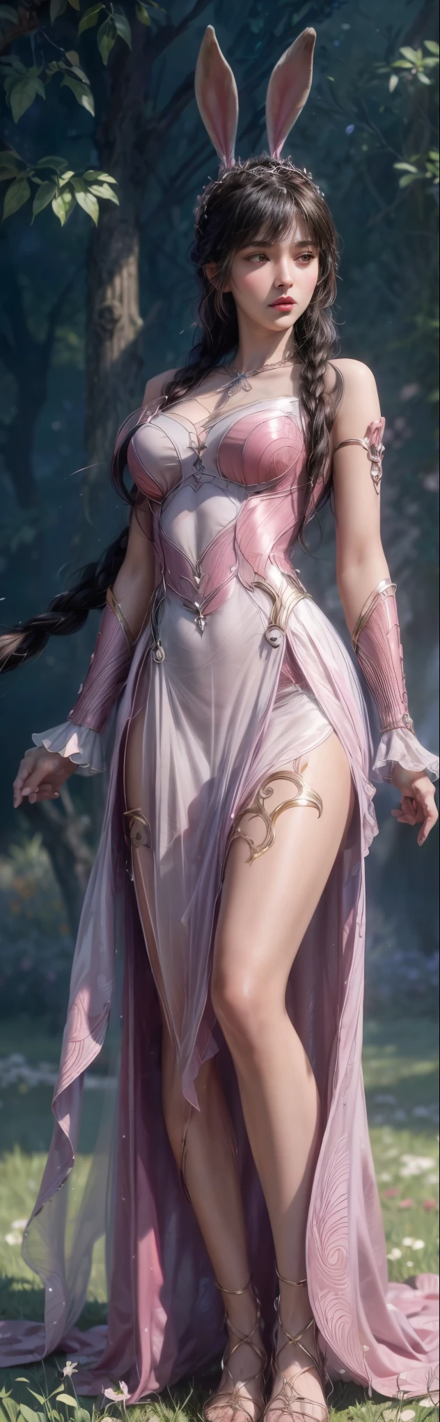 (1girl:1.3), Solo, __body-parts__, Official Art, Unity 8k Wallpaper, Ultra Detailed, Beautiful and Aesthetic, Masterpiece, Best Quality, RAW, Super Fine Photo, Best Quality, Ultra High Resolution, Photorealistic Photorealism, Sunlight, Full Body Portrait, Amazing Beauty, Delicate Face, Vibrant Eyes, (From the Front), Detailed Face, Gorgeous, Highly Detailed Skin, Realistic Skin Details, Visible Pores, Sharp Focus, Volume Fog, 8K uhd, DSLR, high quality, film grain, fair skin, photo realism, brunette hair, brunette hair, breasts, open eyes, split sleeves, skinny, transparent, pink, dress, transparent panties, pink, twisted braid, long braid, jewelry, gold accessories, gorgeous accessories, complex, delicate lips, long hair, medium breasts, outdoor, closed lips, petals, peach blossoms, rabbit ears, pink rabbit ears, standing, dynamic pose, upper body