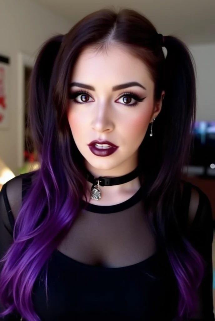 A portrait image of Chrissy Costanza, with goth makeup, dark lipstick, purple and black hair, looking straight at the viewer, choker necklace, sheer, long-sleeve black top.