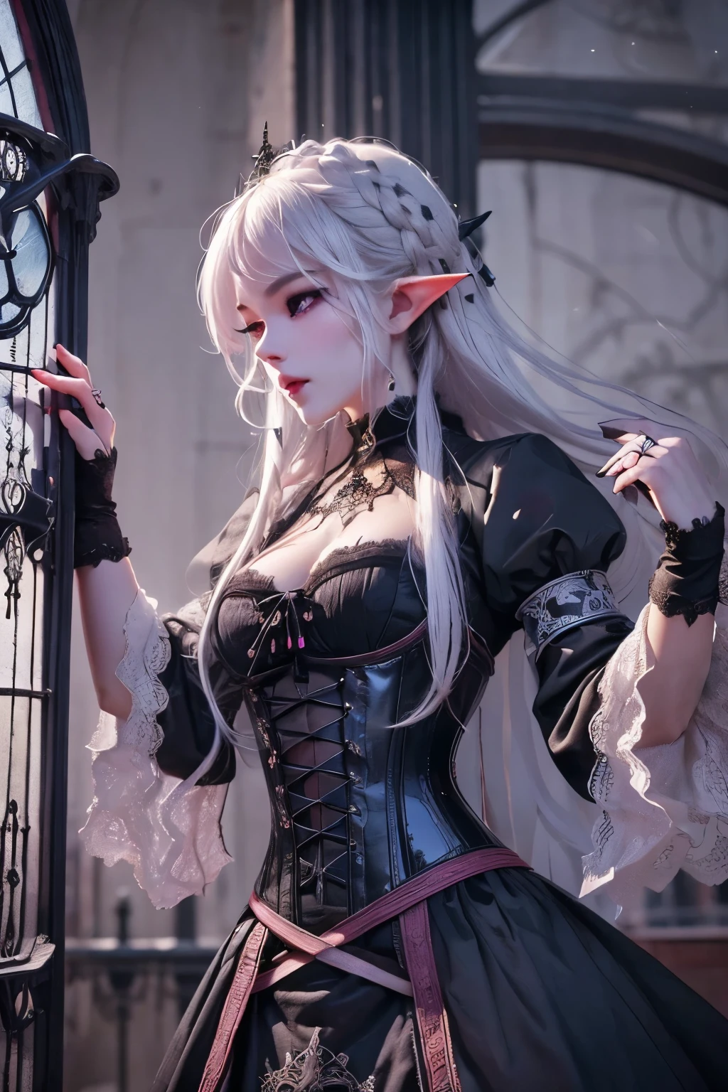 (Ultra-detailed face, Looking away, Gothic Illustration. Dark tone colors.), BREAK (The bitterly cold winter sky with the black moon rising. A black building in the style of a medieval German monastery clock tower. A viewpoint looking down on the medieval town celebrating the New Year from above the spire. Snow falling.), BREAK (A female dark elf artificer looks down on the city from beside a bell larger than a man's back on the roof of the clock tower's steeple. She is holding a large, white, fluffy stuffed white snake.), BREAK (She has white hair and eyebrows, very long messy hair that flutters in the strong wind, lavender eyes, small pink lips, dark purple skin, and dark, thick eyeliner.), BREAK (She wears a black choker, a traditional medieval-style corset and tunic with crimson lace, and a jet-black lace-up dress. A silver dagger is inserted in the sash at her waist. She wears braided sandals with black laces.)
