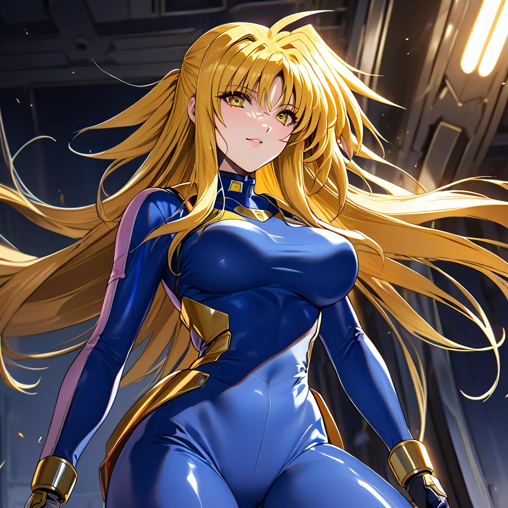 (( top quality )), ((masterpiece)), ( Details), （perfect face）、Blonde fighter Fate Testarossa wears a blue full-body number suit