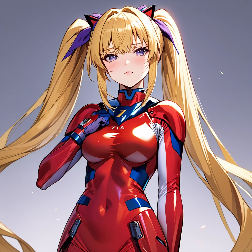 (( top quality )), ((masterpiece)), ( Details), （perfect face）、Zeta, a blonde fighter with twin tails, wears a full-body number suit and pledges loyalty to her master