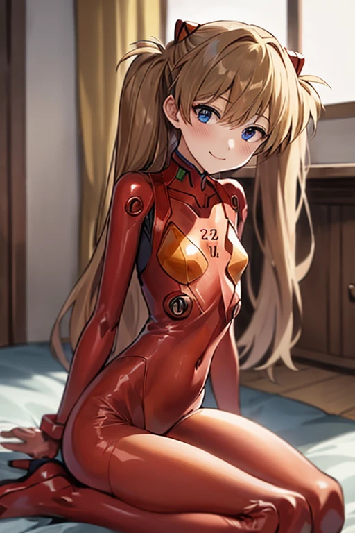 (( top quality )), ((masterpiece)), (be familiar with), perfect face, indoor, bedroom,  Watching Viewers ,
One woman,  Soryu Asuka Langley ,
開いた口,  ecstatic expression beside the piano, blush, smile,
 small tits,  flat chest, Young girl, Lori,  s,  girl,
 long hair,  twin tails,
Leg spread,