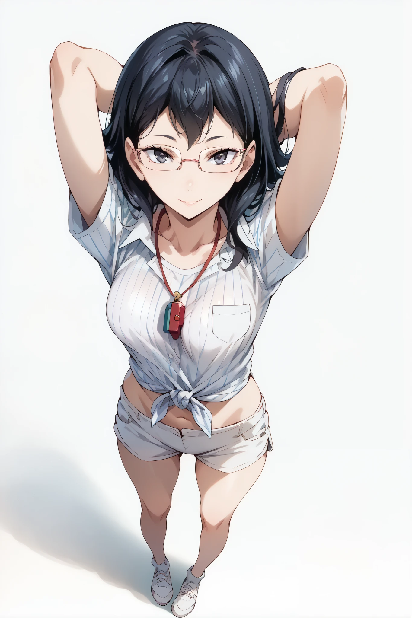 score_9, score_8_up, score_7_up, source_anime, 4K,perfect fingers,(perfect hands, perfect anatomy),prefect lighting, very aesthetic, intricate details,highly detailed background, masterpiece, high quality, best quality,
kiyoko shimizu, medium hair, black hair, glasses, mole, black eyes, mole under mouth, medium breasts,,
wearing ((collarbone,whistle around neck,vertical-striped shirt,tied shirt,short sleeves,wristband, white shorts )),
looking at the spectator, filed, (arms behind head:1.5), high thigh individual , (large breasts:0.9),Stand up,((fullbody:1.5)),((White plain background:1.5)) ,((seductive smile)),((top view:1.5)),leaning forward:1.3,looking at viewer,