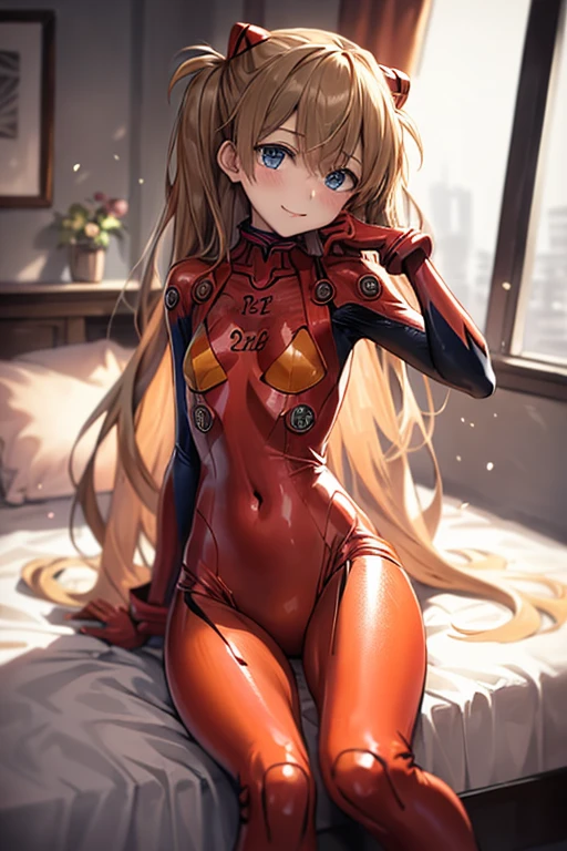 (( top quality )), ((masterpiece)), (be familiar with), perfect face, indoor, bedroom,  Watching Viewers ,
One woman,  Soryu Asuka Langley ,
開いた口,  ecstatic expression beside the piano, blush, smile,
 small tits,  flat chest, Young girl, Lori,  s,  girl,
 long hair,  twin tails,
Leg spread,