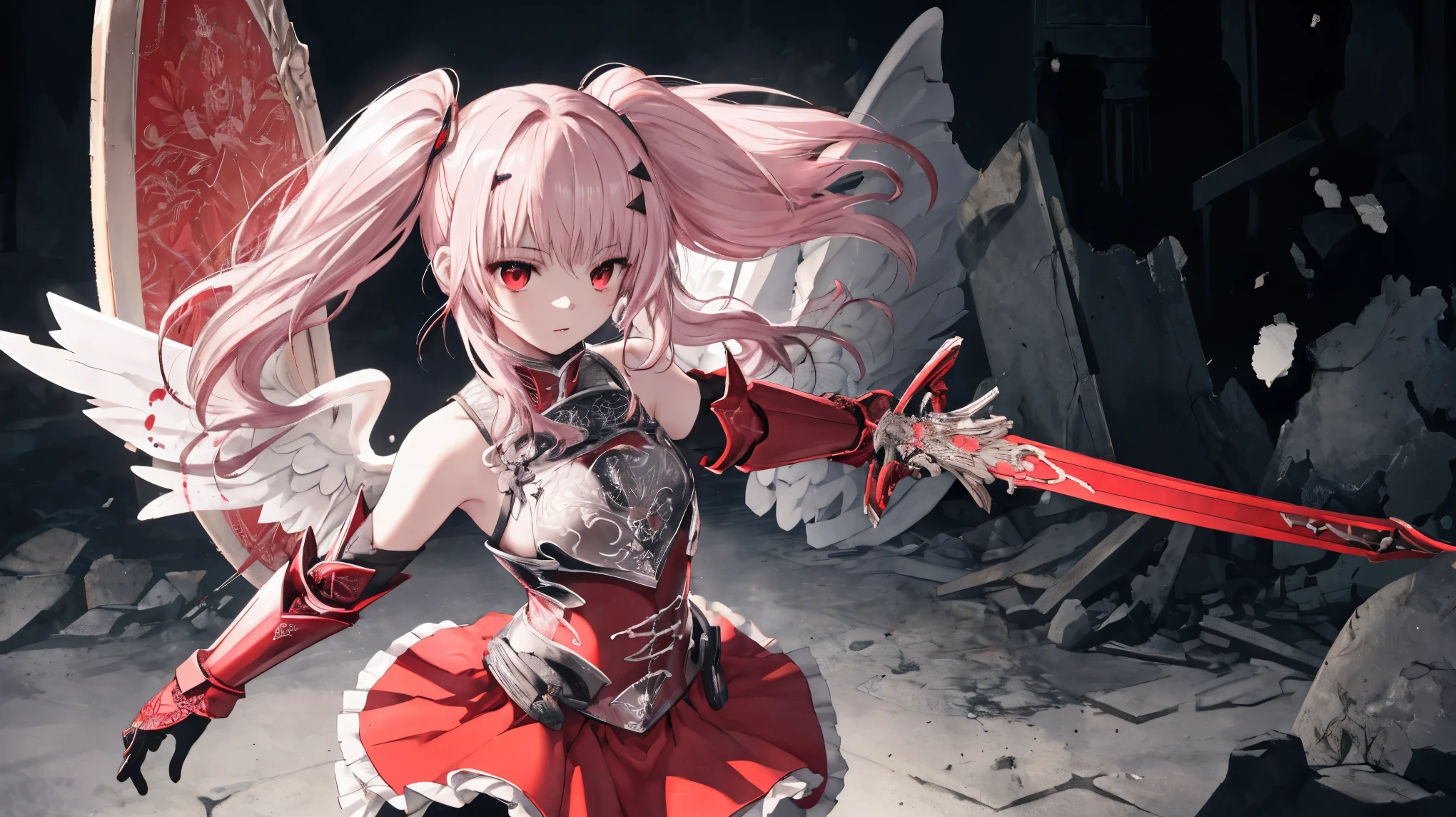 High-quality, masterpiece, delicate hair, intricate eyes, high resolution, exceptional detail, photo-realistic, a single girl, full-body depiction, beautiful girl, long pink hair, twin-tails, red eyes, angel wings, realistic, face, small chest, crimson armor dress, removed silver-haired white man, sword and shield, red gauntlets, bare shoulders, detailed red armor, jewels, bustier, red skirt, mini-skirt, intricate details, short straps, deep focus, high definition, very detailed, student, sharp concentration, cinematic lighting, daikon, long loose hair, upper body, ruins, strong shadows, ash, ink wash painting, ink splattering, color splattering.

