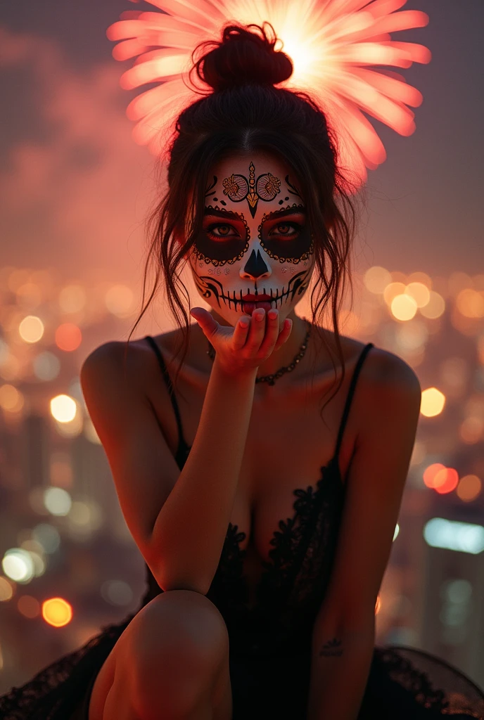 a surreal beautiful woman with a detailed skull face, long black hair, piercing eyes, delicate facial features, elegant neck, wearing a black dress, Sexy curvy hourglass body. Her breasts protrude from her cleavage. standing in a vibrant colors party at night with glowing fireflies, cinematic lighting, dark moody colors, highly detailed, digital painting, concept art, photorealistic.