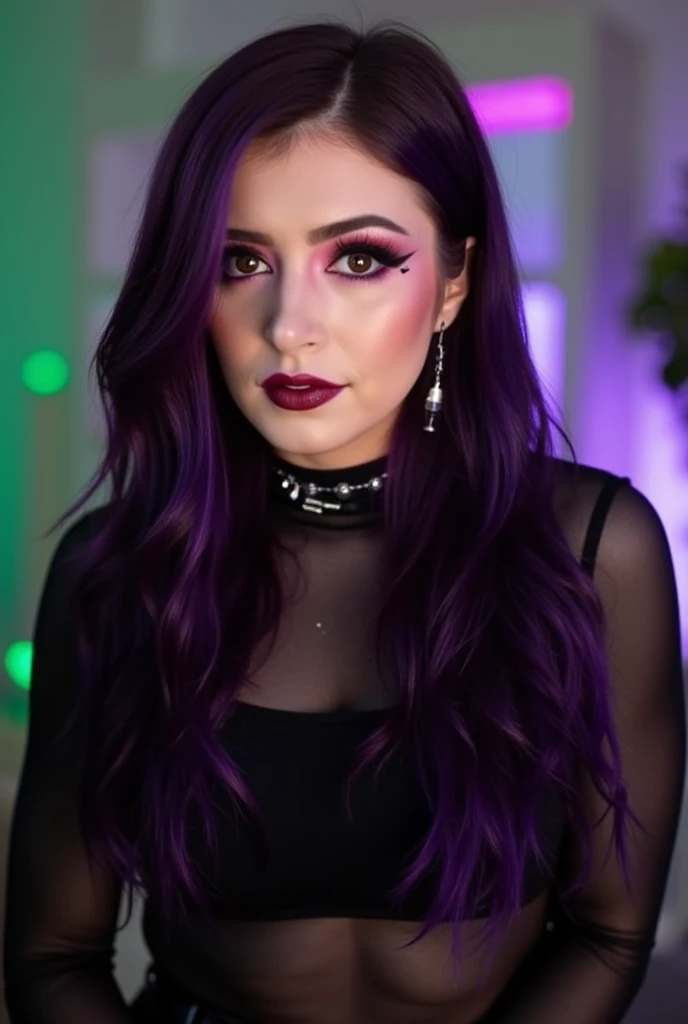 A portrait image of Chrissy Costanza, with goth makeup, dark lipstick, purple and black hair, looking straight at the viewer, choker necklace, sheer, long-sleeve black top.
