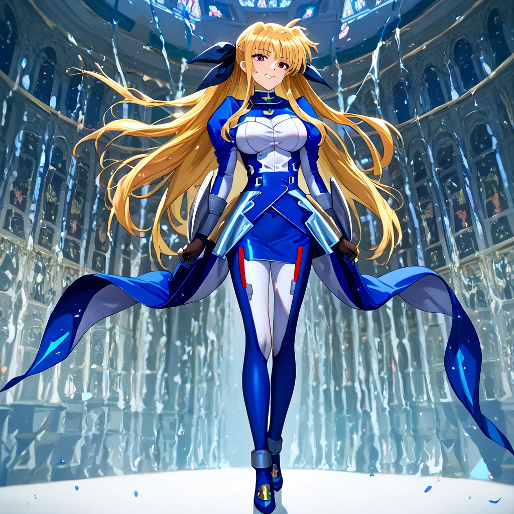 (( top quality )), ((masterpiece)), ( Details), （perfect face）、Blonde fighter Fate Testarossa wears a blue full-body number suit