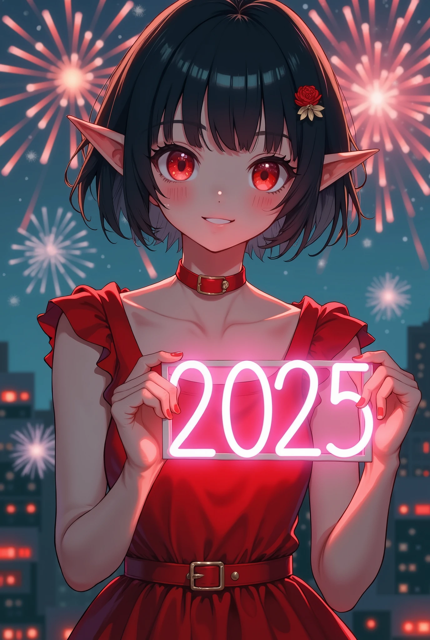 anime style picture of a beautiful young girl with short black hair, red eyes and pointy ears. She wearing a red gothic dress. She holding a neon light board with text "2025". There are firework in background