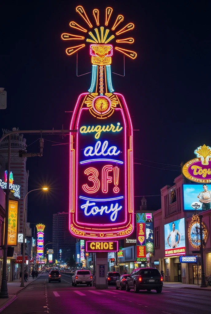 Las Vegas street, great neon large sign with a champagne bottle and the cork popping up, with the writing "Auguri alla 3F! Tony".