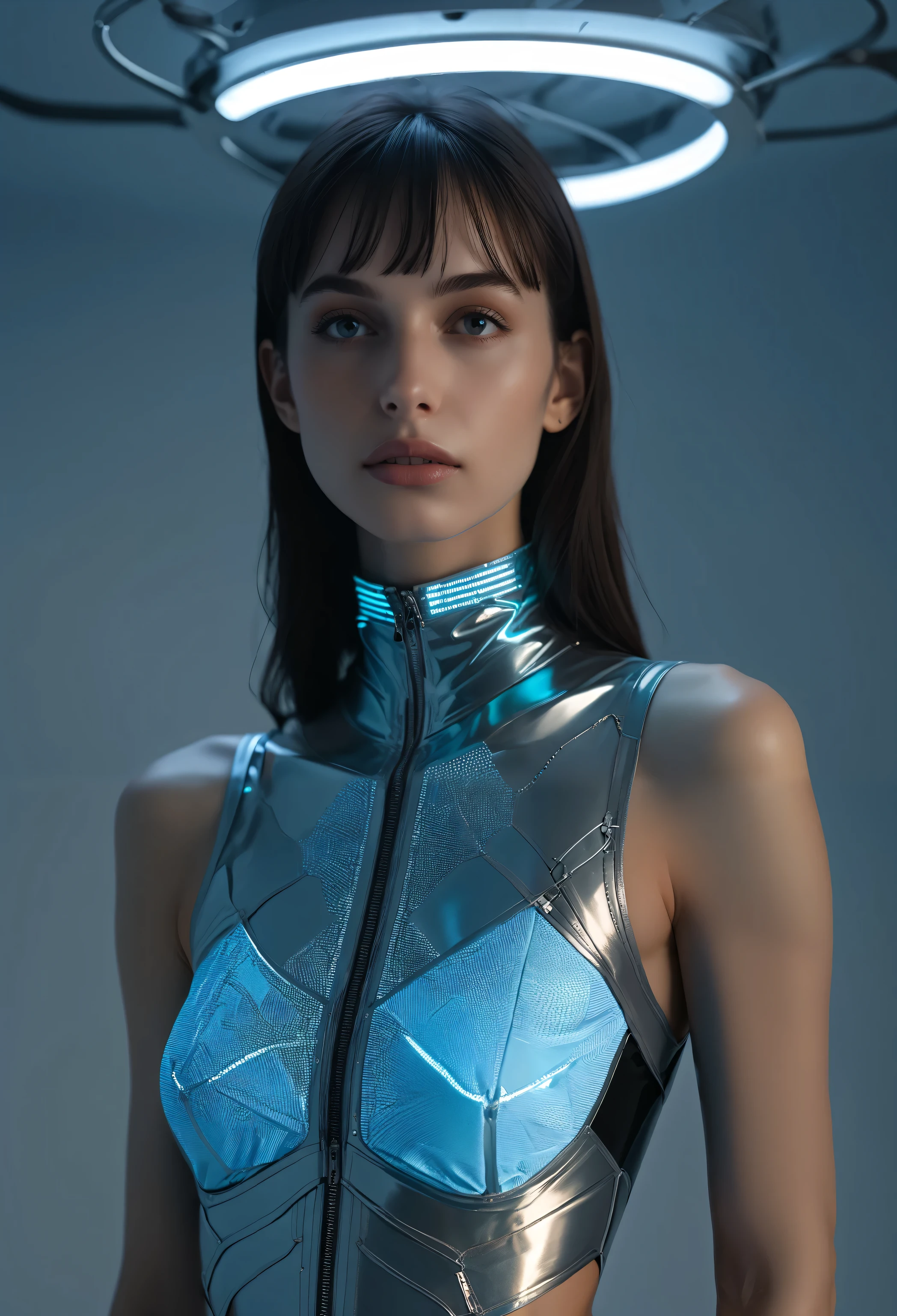 Breathtaking Beauty, Perfect Composition , is standing, Sharp Focus, proper placement, Golden Ratio, high definition, top quality, EXQUISITE RESOLUTION, super detailed, masterpiece, Photo realistic, 32k resolution, beautiful French woman, (Mature Skinny mixed Arabian Woman:1.331), Futuristic Fashion, fashion portrait, top quality, realistic, (iridescent black ceramic sports underwear), (Reinforced Plastic_ceramic_A complex fusion of leather:1.37), White ceramic harness, (Minimal Surface Area:2.0), Intricately Engineered Turquoise Harnesses, thong panties, complex joints, Complex shoulder harness, headgear, Intricate and futuristic accessories, Reflective surface, Calm expression, Graceful Posture, The beauty of minimalism, Advanced Technology, A harmonious posture, Amazing Complexity, COMPLETE ANATOMY, Has a Small Head, Brown Hair, straight hair, sweaty body, detailed face, Delicate, realistic oily skin texture, Inside a neon colored spaceship, Dynamic Emotional Cinematic Light, cool model posing, (photo taken from below:1.4)