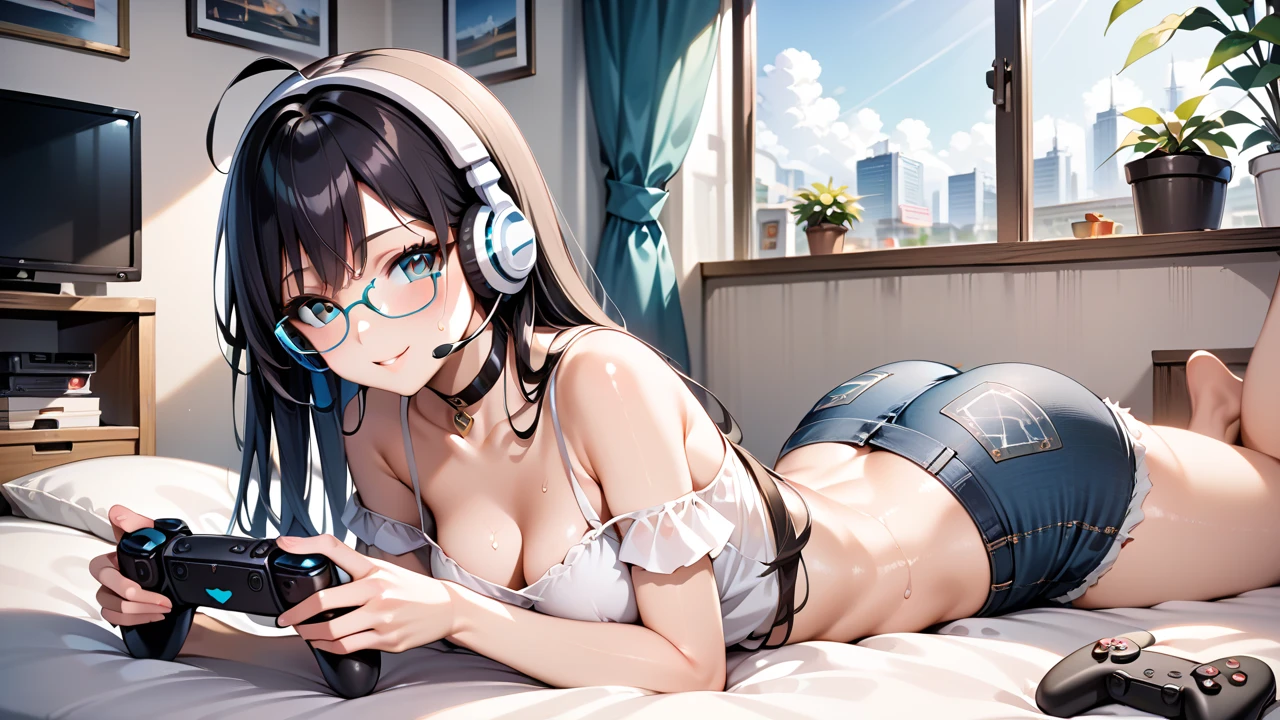 a sexy anime girl with denim shorts is lying on the bed and has headphones in, 1girl, solo, black hair, long hair, ahoge, glasses, shorts, lying, ass, holding game controller, controller, flat screen tv, on stomach, sweat, white top, denim shorts, breasts, from behind, short shorts, denim, choker, headphones, black choker, indoors, bare shoulders, headset, window, curtain, not looking at the viewer, looking at the tv, (masterpiece:1.2), (best quality:1.2), (very aesthetic:1.2), (absurdres:1.2), (detailed background:1.1), (masterpiece:1.2), (detailed clothes:1.2), newest, intricate details, ai-generated, uncensored