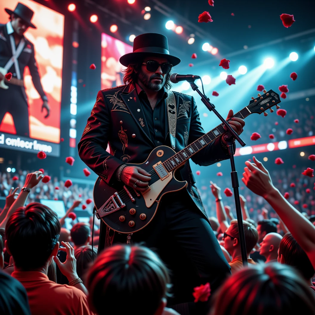 Stadium Blues Rock concert. The band "The Obsidian Flow Project" rocks the stage. The focus on their lead singer and guitarist, Obsidian Crow, a muscular humanoid crow. Obsidian is donned in an ornate black and shining diamond suit, a black fedora pulled low and large diamond studded sunglasses. The jumbotrons shows the concert. Large neon signs. Plays on stage facing the crow. Camera flashes can be seen in the crowd. Obsidian dynamically plays his guitar while singing to a retro microphone. The crowd is theowing roses on stage at him. Dynamic Posing, High Resolution, Masterpiece, Award Winning, Super Detailed, Cinematic, Cinematography, Hyperrealism, Depth Of Field, Image Fill. 