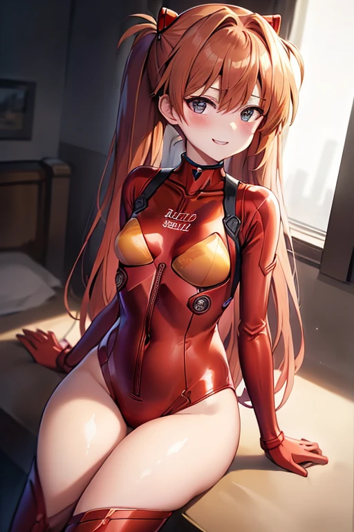 (( top quality )), ((masterpiece)), (be familiar with), perfect face, indoor, bedroom,  Watching Viewers ,
One woman,  Soryu Asuka Langley ,
開いた口,  ecstatic expression beside the piano, blush, smile,
 small tits,  flat chest, Young girl, Lori,  s,  girl,
 long hair,  twin tails,
Leg spread,