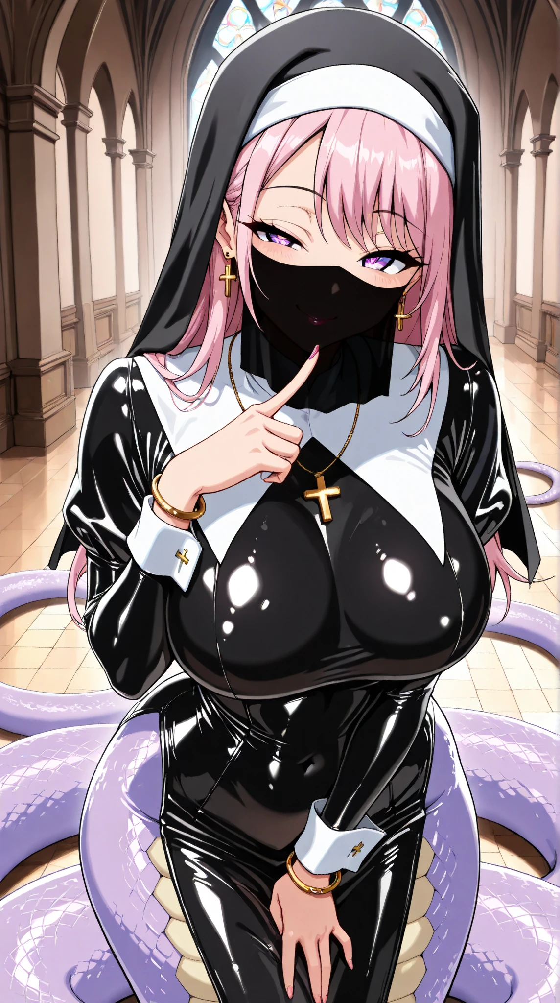 1 young beautiful woman,(masterpiece:1.3, top quality :1.3, very detailed depiction:1.3, Incredible High Definition :1.3,High quality anime drawings),(Lamia:1.5, shiny latex ,Nun costume:1.3,口元を隠す Face Veil, Face Veil, Luxurious Accessories , earrings for women with first name, necklace, bracelet ),( Purple Eyes ,Vertically drawn pupils, half-closed eye :1.3, normal breasts, seductive smile,Glossy lipstick, flashy makeup,Seductive gestures,Curvy Body,High quality skin,The lower body is full of snakes ), cowboy shot, pink fog in front of the camera,background:church