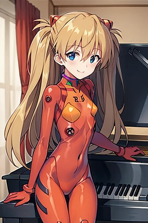 (( top quality)), ((masterpiece)), (be familiar with), perfect face, indoor, bedroom,  Watching Viewers ,
One woman,  Soryu Asuka Langley ,
開いた口,  ecstatic expression beside the piano, blush, smile,
 small tits,  flat chest, Young girl, Lori,  s,  girl,
 long hair,  two side up,
Leg spread,