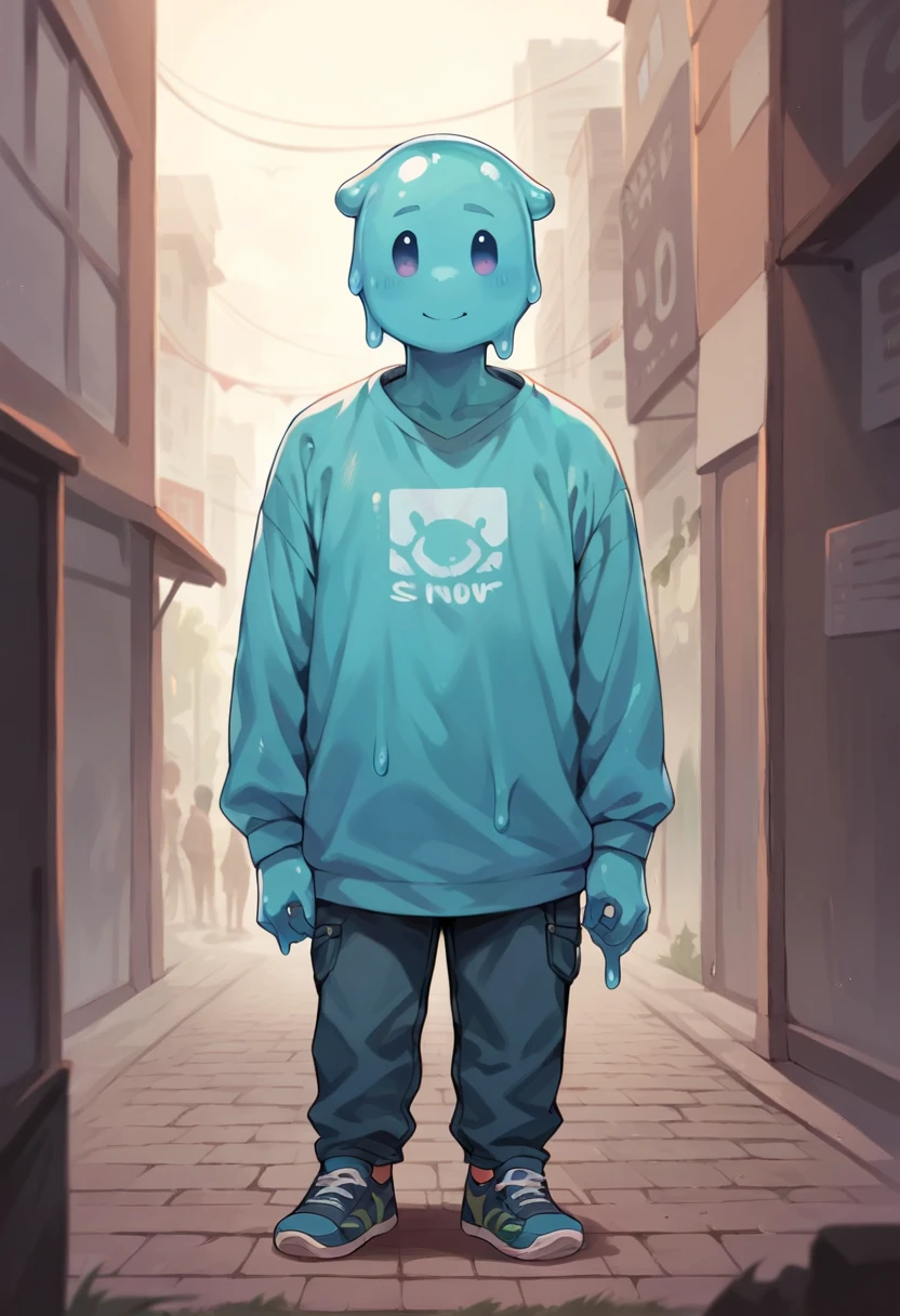 A blue male slime boy in the city. detailed and super realistic. Fashionable clothes and transparent blue body. humanoid body shape.