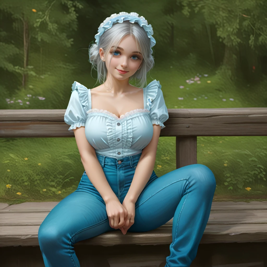 ((( Sitting with her legs wide open ))), , (( female adolescent )), (((tight blue jeans,))),,clear face,  cute **** girls, perfect anatomy , happy smile,winking, ,  short silver hair ,Blue eyes,  realistic  face,  realistic ,, small chest, ((lolita)), (( big breasts))