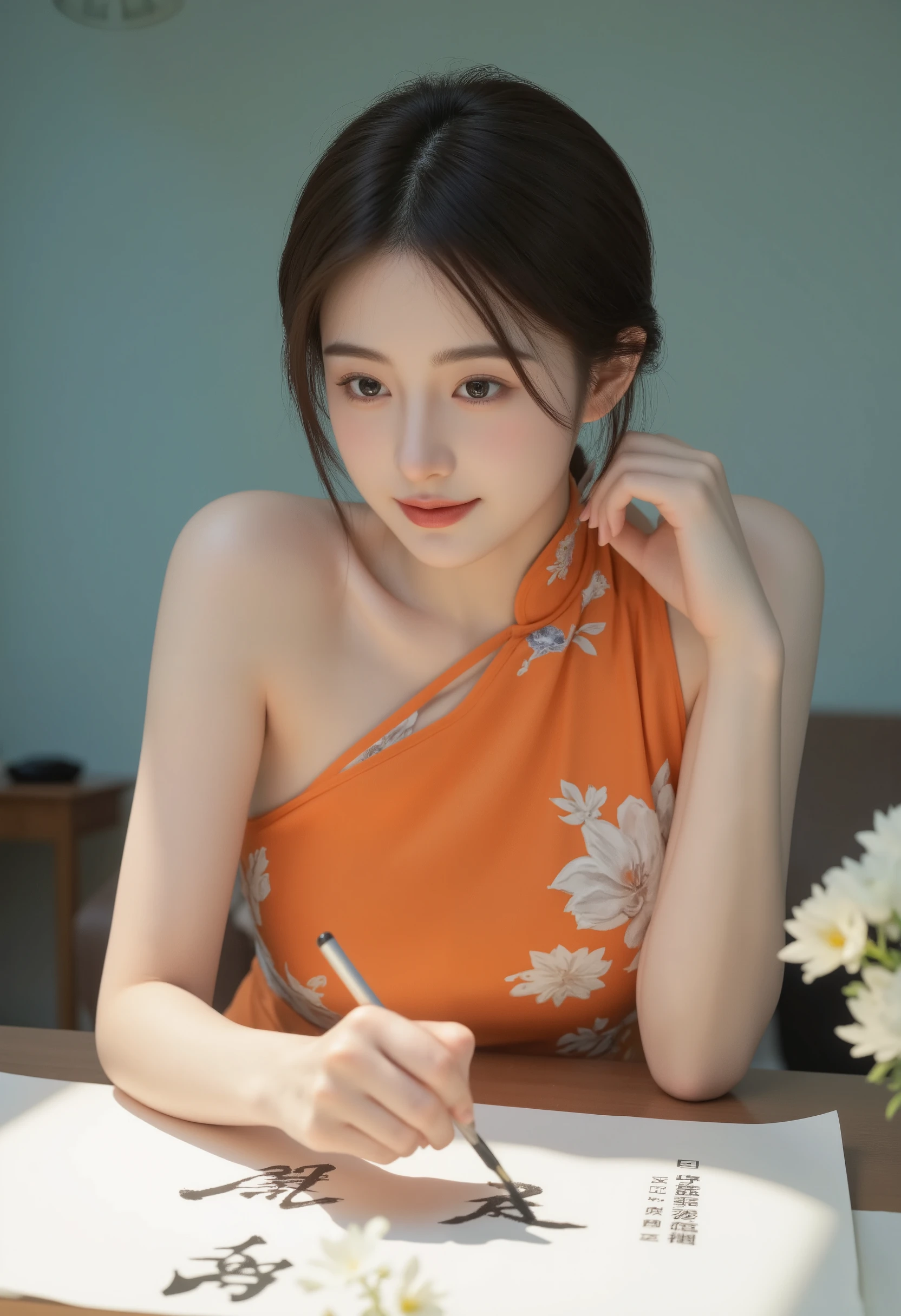 (shoulder-length straight short hair: 1.2),Upper body, （Extremely meticulous CG 8k wallpaper），（Extremely refined and beautiful），（Masterpiece），（best qualtiy:1.0），（Ultra High Resolution:1.0），beautiful light up，Perfect lightning，realistic shaded，[A high resolution]),(Smooth and flawless fair skin:1.5),(shiny skin:1.5),Extremely exquisite facial details，ultra - detailed，A girl，small head，Smile，cheerfulness,Summer，afternoon，Close Shot，at home，In living room,Blue green background，(Standing at a large table:1.3),（Very large white papers on the table:1.3）,enjoying a comfortable and intoxicated expression,small face，（perfect body:1.1）,small breasts，flat chest，slim，thin,collar,(orange cheongsam:1.3)，Slender legs，shoulders off，bare shoulders，Charming collarbone，flowers,sideways，(Holding a Chinese writing brush in right hand:1),lean forward,(Practicing Chinese calligraphy:1.5),(Black stockings:1.3),ink and inkstone