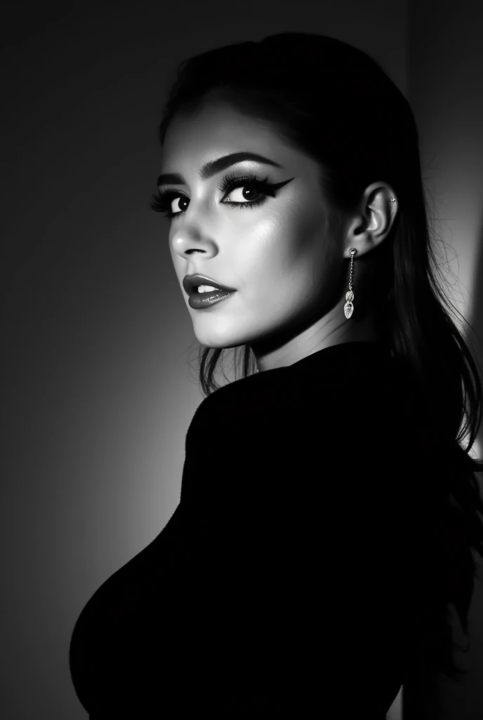 A striking monochrome portrait of a high-fashion Chrissy Costanza captured in a classic, Vogue-inspired photoshoot. The image focuses on her upper body, showcasing sharp bone structure and flawless skin illuminated by dramatic, high-contrast lighting. Shadows and highlights play artfully across her face, accentuating her high cheekbones, defined jawline, and elegantly arched eyebrows. Her gaze is powerful and direct, exuding confidence and sophistication, with slightly parted lips that add a touch of allure. Her hair is styled sleekly back, drawing attention to her expressive features and creating a sculpted silhouette against a soft, shadowed background. She wears minimal accessories—perhaps a single, elegant earring catching the light—adding sophistication without distraction. The monochrome palette enhances the texture and contrast, giving her skin a smooth, almost ethereal glow, while the deep shadows add depth and mystery. The overall composition feels timeless and refined, embodying classic beauty and editorial poise with a touch of modern edge.. backinblack, grayscale, monochrome
