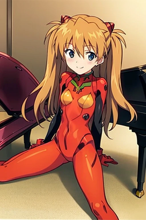 (( top quality )), ((masterpiece)), (be familiar with), perfect face, indoor, bedroom,  Watching Viewers ,
One woman,  Soryu Asuka Langley ,
開いた口,  ecstatic expression beside the piano, blush, smile,
 small tits,  flat chest, Young girl, Lori,  s,  girl,
 long hair,  twin tails,
Leg spread,