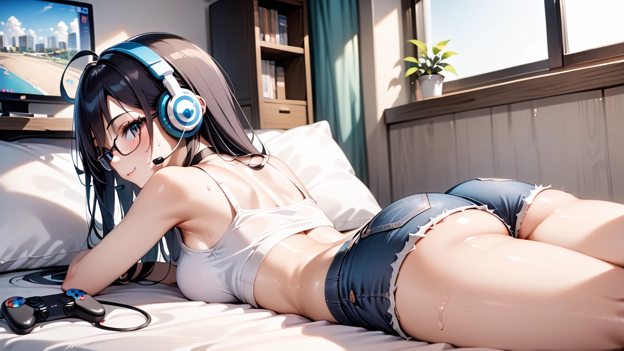 a sexy anime girl with denim shorts is lying on the bed and has headphones in, 1girl, solo, black hair, long hair, ahoge, glasses, shorts, lying, ass, holding game controller, controller, flat screen tv, on stomach, sweat, white top, denim shorts, breasts, from behind, short shorts, denim, choker, headphones, black choker, indoors, bare shoulders, headset, window, curtain, view from behind, facing away, (masterpiece:1.2), (best quality:1.2), (very aesthetic:1.2), (absurdres:1.2), (detailed background:1.1), (masterpiece:1.2), (detailed clothes:1.2), newest, intricate details, ai-generated, uncensored