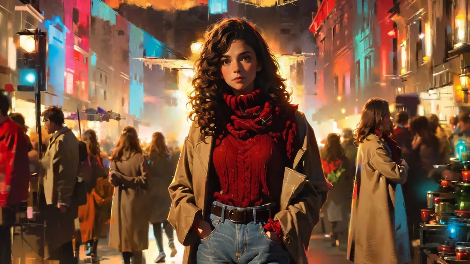 A girl, 1 girl,a brown girl,modern,She wore a brown turtleneck sweater, topped with a beige coat, paired with high-waisted jeans and white sneakers. A red-brown scarf was draped around her neck. Her hair fell naturally, the curly locks catching the light from the colorful bulbs, reflecting a warm reddish-brown hue. curly hair, chest-length, dark brown with reddish undertones;.Skin: Honey-brown, smooth complexion.Face: Lightly angular face, high cheekbones, slender jawline.Eyes: Almond-shaped, dark brown, with naturally thick and curled lashes.Nose: Straight with a slightly pointed tip.Mouth: Full lips with a slight upward curve at the corners. Half body image.