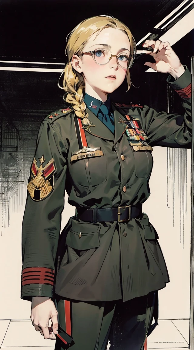 ligne claire illustration, chubby woman in military uniform, science fiction, close-up, nipslip, nip slip, post-apocalyptic, ruins, cityscape, suspenders, toolbelt, derelict starship wreckage, (army helmet:1.1)  ((8K resolution))、((highest quality))、((masterpiece))、((Super detailed))((((dramatic))), (anatomically correct)、one woman、28 years old,thin,very short hair,pixie cut ,black hair, jagged teeth、double teeth、mouth is slightly open、blushed、(half closed eyes:1.1),thin bear、NSFW,small breasts、small nipples、white t-shirt、No underwear、tattoo、navel piercing、pubic hair,pussy,(theme、whole body)、Bedroom,on the bed, liar,behind, modesta, tiro remoto, Detalhe bonito rosto delicado, Olhos delicados bonitos detalhados, perfect facial proportions, High definition skin, pele fina, best four inch aspect ratio. Com um polegar, uma obra-prima, altamente detalhado, Realistic, (German World War II general uniform reference : 1.8), the highest facial resolution, , mulher modestamente vestida, vestido inteiramente, ( pequeno, cabelos pretos, black franja reta, super thin braids, franja reta, Red glasses, olho verde escuro, science fiction, Fighter aircraft, standing On the landing of a Fighter aircraft, the agency, uma personalidade profundamente inteligente, A calm expression, um rosto respeitoso, uma guerra, a Fighter aircraft　BIGHIP　BIGASS　FUCKOFF　FUCKFUCKFUCK